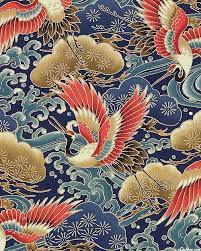 Cranes Over Water Navy Blue Fabric From Equilter Com Japanese Art Pattern Art Chinese Patterns