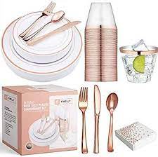 Buy products such as jl prime 125 piece gold plastic plates & cutlery set, heavy duty disposable plastic plates with gold rim & silverware, 25 dinner plates, 25 salad plates, 25 forks, 25 knives, 25 spoons at walmart and save. Kwelly Disposable Plastic Tableware Set Includes Plates Cutlery Napkins Cups For Dinner Party Br Tableware Set Rose Gold Bridal Shower Rose Gold Plates