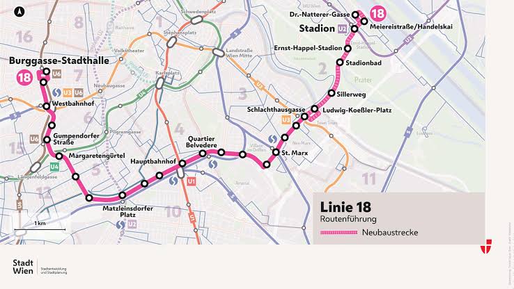 مخطط مسار تمديد Straßenbahnlinie 18 إلى Ernst-Happel-Stadion، من إنشاء الذكاء الاصطناعي