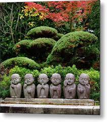 Six Cute Little Monks Buddha Stone Statues In Japanese Garden Metal Print By Awen Fine Art Prints