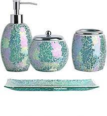 Makeup vanity organizer *see offer details. Amazon Com Whole Housewares 4 Pieces Bathroom Accessory Set Bright Colored Mosaic Glass Bath Ensemble Lotion Dispenser Toothbrush Holder Cotton Jar Vanity Tray Green Home Kitchen