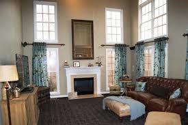 2 Story Great Rooms Curtains Lower Windows Love The Color Combination Dark Couch Light Oak Wo Window Treatments Living Room Great Rooms Living Room Blinds