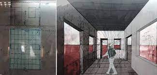 الرسم والاظهار المعماري arch drawing representation لوحة 18 منظور بمستوى اسقاط امامي نقطة تلاشي واحدة architecture artwork arch