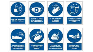 tres categorías de señales de obligación en el trabajo (EPP, Prohibición de Acceso, Comportamiento) mediante iconos de círculo azul.