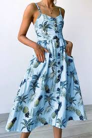 Light Blue Pineapple Print Spaghetti Straps Pocket Button Casual Dress Bohemian Beach Dress Boho Beach Dress Casual Dresses