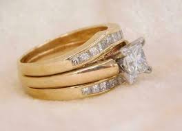 14k Yellow Gold Fntrio Diamond Engagement Ring Set His Her Bridal Wedding Band Truejewelr In 2020 Diamond Engagement Ring Set Wedding Ring Bands Diamond Wedding Bands