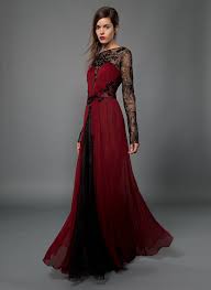 Chiffon And Lace Long Sleeve Gown With Beaded Embellishment In Burgundy Black Tadashi Shoji Long Sleeve Lace Gown Long Sleeve Gown Long Red Dress