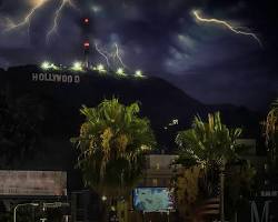 Image of dramatic thunderstorm over the Hollywood sign