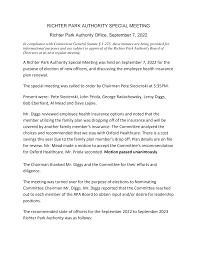 RICHTER PARK AUTHORITY SPECIAL MEETING Richter Park Authority Office,  September 7, 2022 A Richter Park Authority Special Meeting