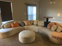 Modern 7 Seat Sofa Round Sectional Beige Velvet Upholstered With Ottoman Pillows Sectional Sofas Living Room Sectional Sofa Beige Round Sofa