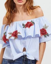 Blue And White Striped Off The Shoulder Tops With Embroidered Rose For Women Tops Women Chic Outfits
