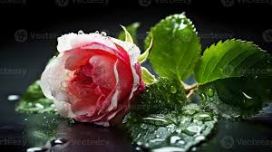 bellissimo bagnato rosa rosa fiore con alcuni le foglie e acqua gocciolina  sembra fresco posa su il studio impostato riflessivo nero sfondo. ai  generato 27117131 Stock Photo su Vecteezy