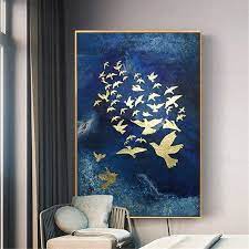 gold leaf abstract painting canvas wall art pictures for living room home hallway wall decor original acrylic gold birds blue texture decor soyut resim tuval soyut resimler sanat resimleri