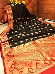 Black And Red Combination Designer Saree Pure Katan Banarasi Silk Saree In Shining Black And Red Color Combination All Over Body Medium Sized Go Black And Red Saree Silk Sarees Red Color Combinations