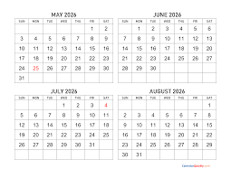 May to August 2026 Calendar | Calendar Quickly
