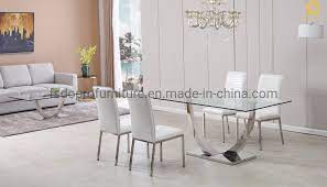 Table measuring w160cm x d90cm x h74cm 4x gorgeous buckingham grey velvet glass topped round kitchen / dining room table great condition metal base collection up until tuesday. Dining Room Furniture Stainless Steel Designs Tempered Glass Top Dining Table And 6 8 Chairs Set D1807 China 6 Chair Dining Table Set Glass Dining Table Made In China Com