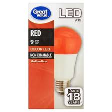 Great Value Led Light Bulb 9 Watts A19 Lamp E26 Base Non Dimmable Red Walmart Com Walmart Com