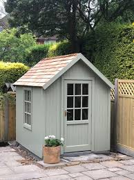 Built My Shed In Posh Shed Company Style With Cedar Roof Shingels And Painted It In Farrow And Balls Lichen Colo Posh Sheds Painted Garden Sheds Backyard Sheds