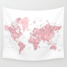Buy Light Pink Muted Pink And Dusty Pink Watercolor World Map With Cities Wall Tapestry By Blursby Wall Tapestry Pink Water Color World Map World Map Tapestry