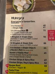 Take a look at our menu, it's almost time to put some fire in that belly. Nando S Hazyview Menu Picture Of Nando S Hazyview Tripadvisor