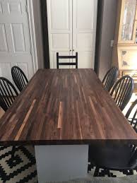 Butcher block is not typically associated with dining tables but is becoming a trend that makes a lot of sense for smaller kitchens. Kitchen Table Redo Part 2 Butcher Block Ikea Hack Hometalk