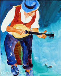 Make prints for friends and family. Blue Hat An Acrylic Painting By Costanza Knight Illustrating A Banjo Player Painting Knight Jazz