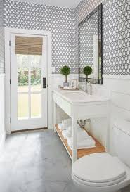 To recharge the lost energy after doing the exercise, head to a pool bathroom. White Shiplap And Ornate Hexagonal Wallpaper Make A Perfect Pair In This Powder Room Pool House Bathroom Shiplap Bathroom Bathroom Design