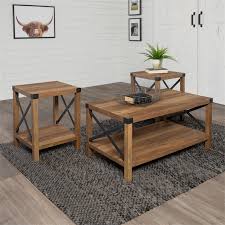 Coffee, side & end tables: Farmhouse Fireplace Tv Stand With Coffee Table And 2 End Tables Set In Barnwood 2115500 Pkg