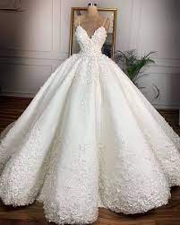Bmbridal Gorgeous Spaghetti Straps White A Line Wedding Dresses With Appliques Satin Ruffles Bridal Gowns Online Online Wedding Dress Bridal Ball Gown Dream Wedding Dresses