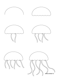 For each tentacle, extend a pair of wavy, curving, parallel lines. Drawing Jellyfish How To Draw A Jellyfish Animal Drawings Fish Drawings