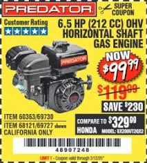 Harbor Freight Tools Coupon Database Free Coupons 25 Percent Off Coupons Toolbox Coupons Predator 6 5 Hp 212 Cc Ohv Horizontal Shaft Gas Engines