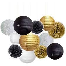 Black And Gold Pom Poms Decorations New Years Decorations Gold Black White Party Decor Kit Tissue Paper Pom Poms Flower Paper Lantern Par Paper Lanterns Gold Graduation Party White Paper Lanterns