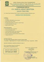 Berbagai potensi daerah di indonesia ditampilkan dalam. Disnakertrans Lowongan Operator Produksi Di Cv Karya Hidup Sentosa Quick Tractor