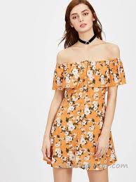 2020 Yazlik Kisa Elbise Modelleri Turuncu Omzu Acik Dusuk Kol Firfirli Yaka Cicekdesenli Kiyafet Kombinleri Elbise Modelleri Genc Kiz Modasi The Dress