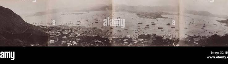 Lai Afong's panorama view of Hong Kong, taken around 1880, provides a historical snapshot of the city during the late Qing Dynasty. The image showcases Hong Kong's skyline, harbor, and urban landscape