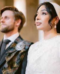 Tanika D'Souza opted for a beautiful ivory-toned saree from Sabyasachi  Mukherjee for her wedding with her Scottish groom, who wore traditional  Scottish attire for their wedding. Tanika D'Souza got married to her