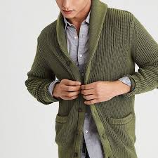 Ae Washed Shawl Cardigan 50 Liked On Polyvore Featuring Men S Fashion Men S Clothing Men S Mens Fashion Cardigan Mens Green Sweater Sweater Outfits Men