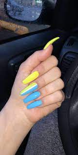 Long Coffin Acrylic Nails Blue Yellow Blue Acrylic Nails Acrylic Nails Blue Nails