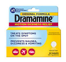 Dramamine, a brand name version of the drug dimenhydrinate, is an antihistamine medication used to treat nausea, vomiting and dizziness caused by motion sickness. Dramamine Original Formula