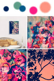 Color Palette Inspired By Tropical Motives Pink Blossom Paintings Fig Tree And Pineapple Motive Wall Decor Printables Tropical Gallery Wall Art Gallery Wall