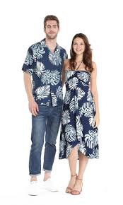 Palm Leaves Navy Couple Aloha Set Luau Party Outfit Hawaiian Party Outfit Luau Outfits