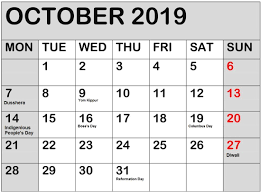 List of worldwide public holidays and bank holidays news and updates announced in october 2019. October 2019 Calendar With Holidays For Usa Uk Canada India Australia 2019 Calendar October Calendar Federal Holiday Calendar