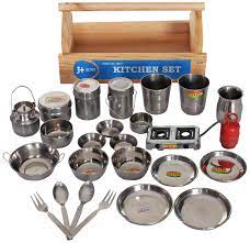 Delicious food is on the menu and children will have a ball preparing and cooking their favourite meals for both. Little Genius Steel Kitchen Set With Wooden Container Color May Vary Online India Buy Pretend Play Toys For 3 8 Years At Firstcry Com 75095