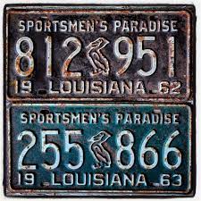 Louisiana License Plate Pair 1962 And 1963 With Original Paint And Pelican Graphics Awesome Patina For Rustic Or Industrial Wall Decor Industrial Wall Decor Old License Plates Vintage License Plates