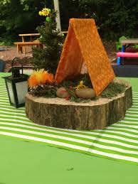 Fun to do in the fall or spring! Camping Theme Birthday Party Centerpieces Tents Made From Skewers And Fabric Camping Theme Party Camping Party Decorations Camping Theme Birthday