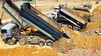 Wonderful Hyundai 25-ton Dump Truck Dumping Soil Filling Side Land & Komatsu D58E Dozer Level Land