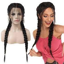13x4 Black Middle Part Long Double Braids Lace Front Wig With Baby Hair Synthetic Lace Wigs Lace Front Wigs Baby Hairstyles