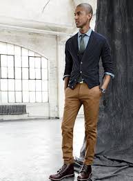 Black Pants And Brown Boots Men Men S Black Cardigan Light Blue Chambray Dress Shirt Brown Chinos Dark Brown Leather Casual Boots Chinos Men Outfit Pants Outfit Men Mens Outfits