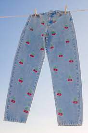 Model model is wearing a small. Cherry Denim Mom Jeans Retro Outfits Cute Casual Outfits Painted Clothes Diy