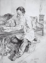 Leo Tolstoy working at the round table (1891) by Ilya Repin – Artchive